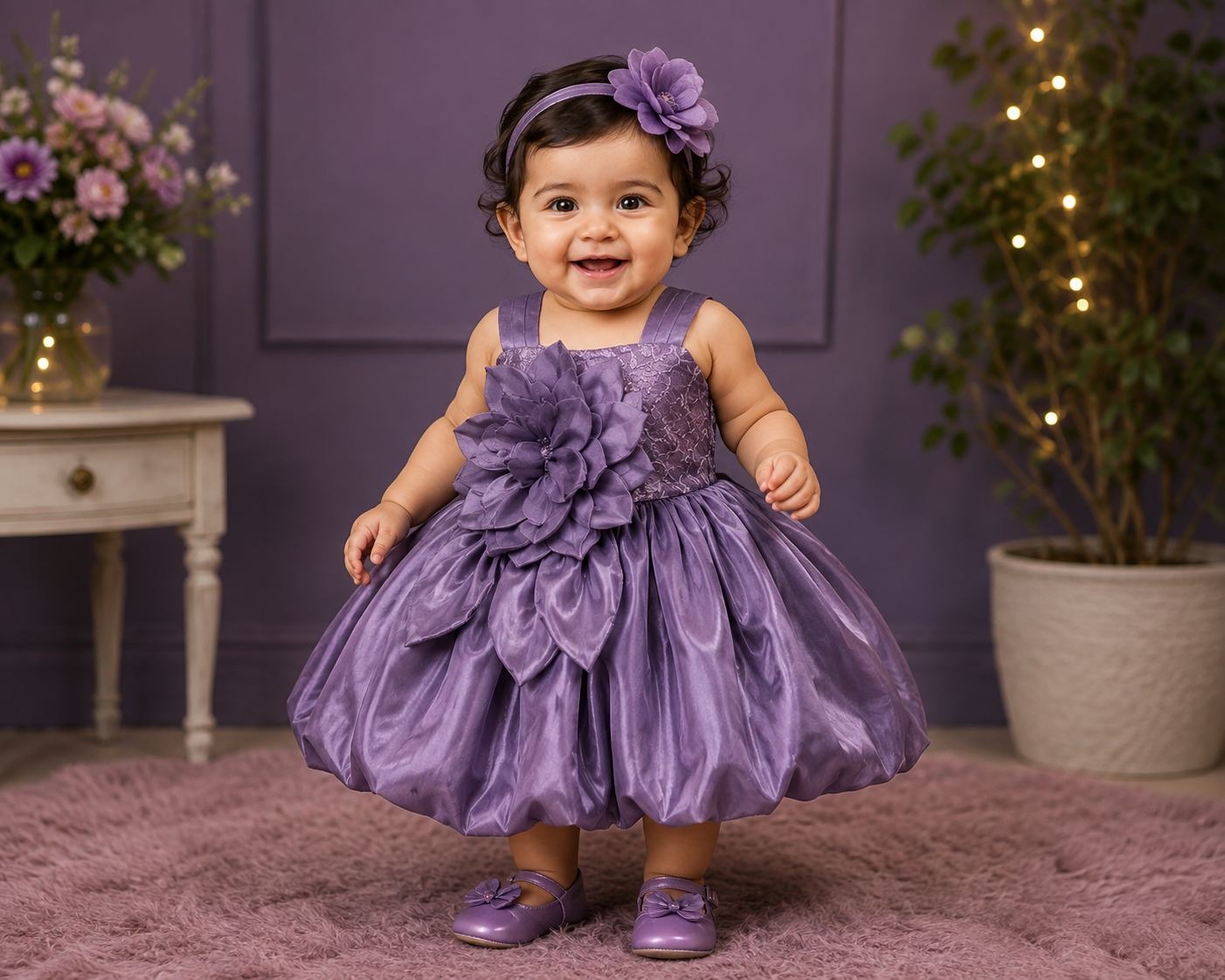 Girls Purple Floral Party Wear Satin Frock